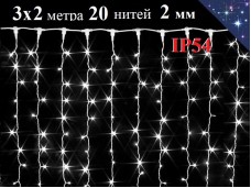  Уличная гирлянда Штора Холодно белая 3х2 метра с белым мерцанием 20 белых нитей 2 мм 400 LED IP54 Winner